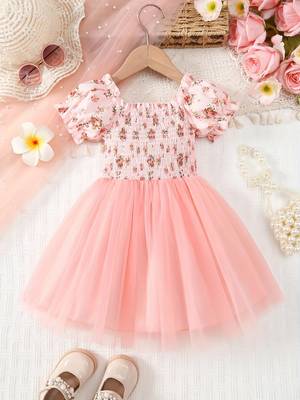 Blush pink floral smocked off-shoulder tulle dress 2