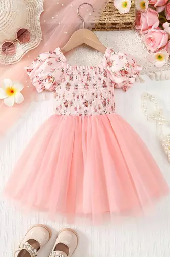 Blush pink floral smocked off-shoulder tulle dress