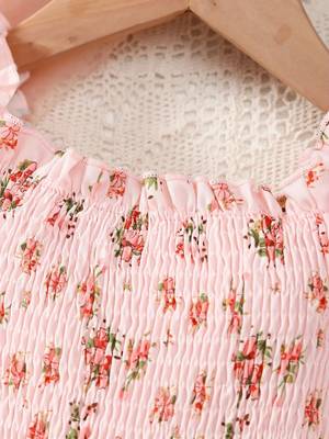 Blush pink floral smocked off-shoulder tulle dress 3