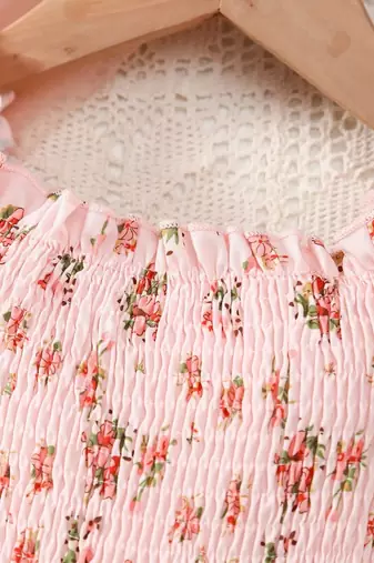 Blush pink floral smocked off-shoulder tulle dress