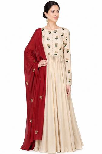 Beige georgette zari and beads work anarkali salwar kameez