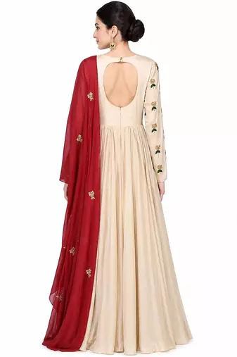 Beige georgette zari and beads work anarkali salwar kameez