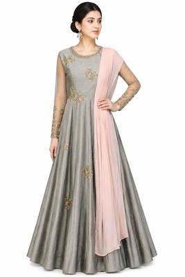 Grey silk zari and beads work anarkali salwar kameez 1