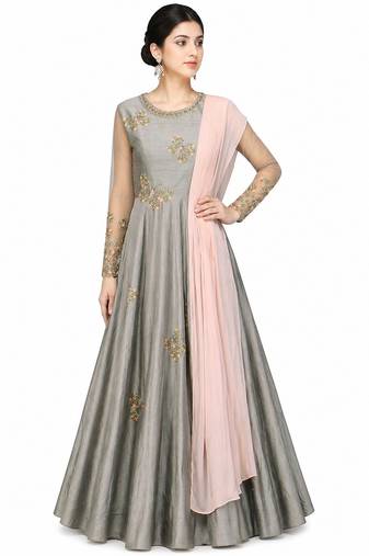 Grey silk zari and beads work anarkali salwar kameez