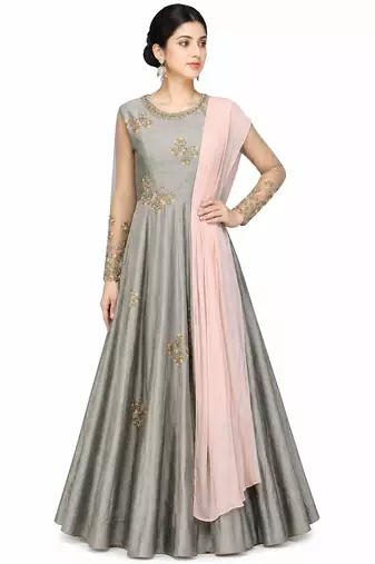Grey silk zari and beads work anarkali salwar kameez