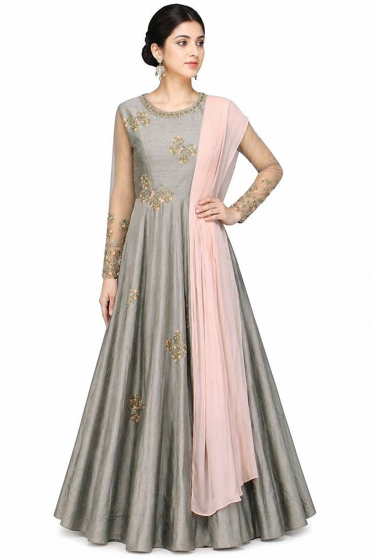 Grey silk zari and beads work anarkali salwar kameez