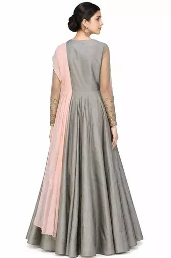 Grey silk zari and beads work anarkali salwar kameez
