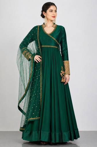 Emerald green georgette lace work anarkali salwar kameez