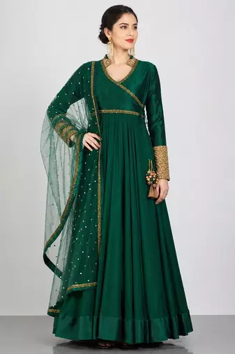 Emerald green georgette lace work anarkali salwar kameez