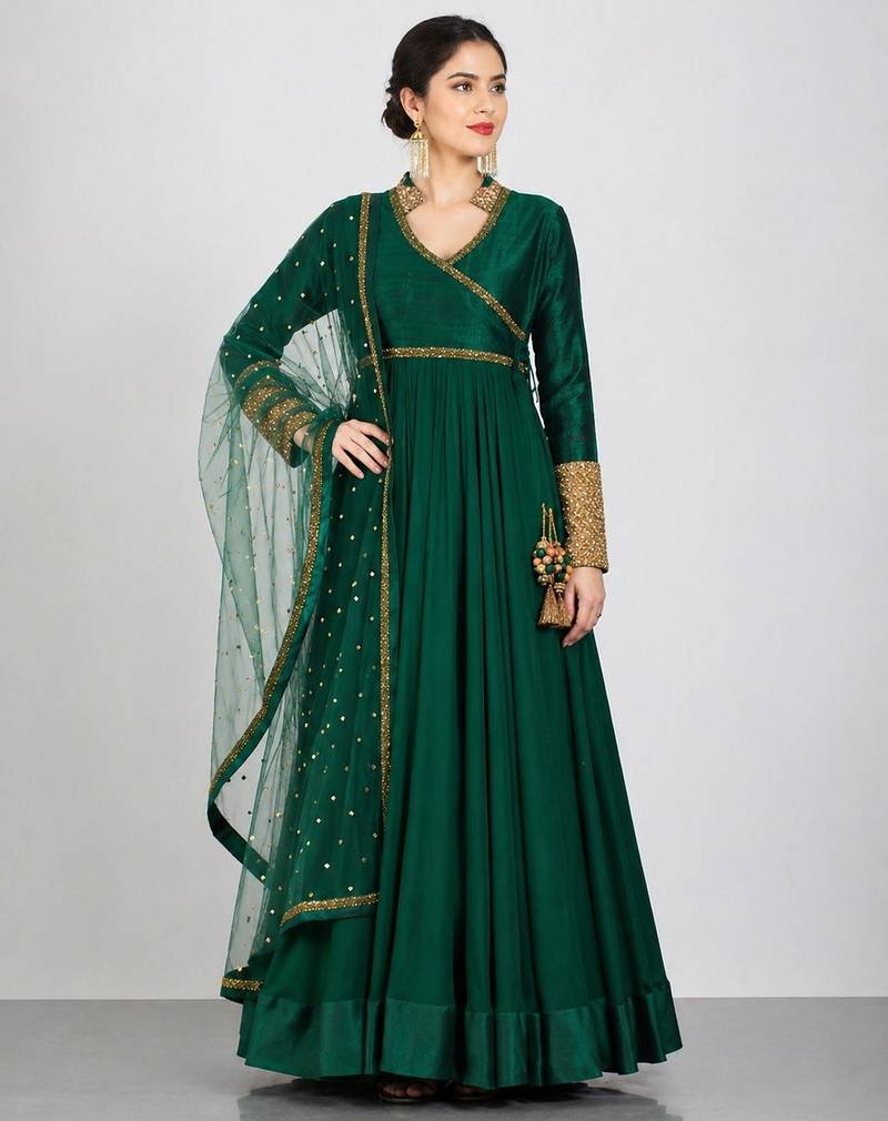 Emerald green georgette lace work anarkali salwar kameez
