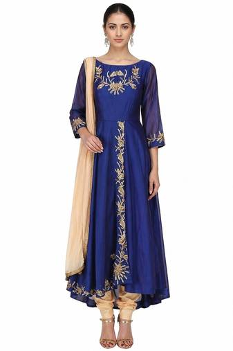 Blue silk zari and sequins work anarkali salwar kameez
