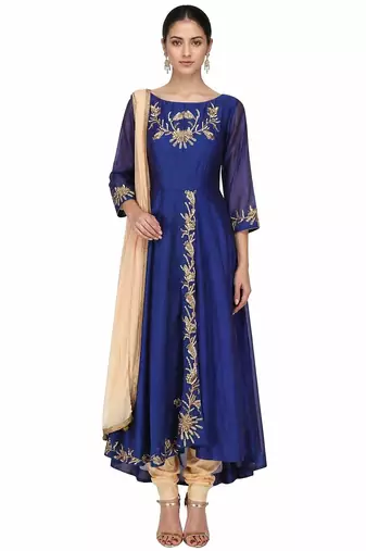 Blue silk zari and sequins work anarkali salwar kameez