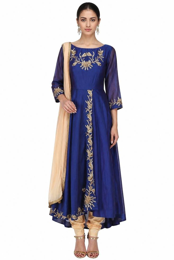 Blue silk zari and sequins work anarkali salwar kameez