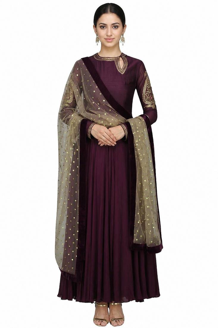 Wine georgette sequins & zari embroidery anarkali salwar kameez