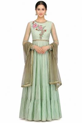 Light green silk thread and beads work anarkali salwar kameez 1