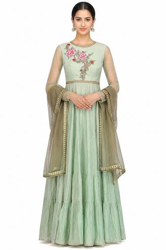 Light green silk thread and beads work anarkali salwar kameez