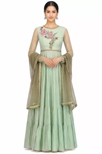 Light green silk thread and beads work anarkali salwar kameez