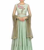 Light green silk thread and beads work anarkali salwar kameez