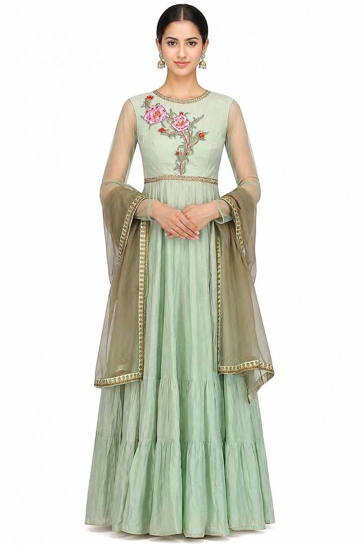 Light green silk thread and beads work anarkali salwar kameez