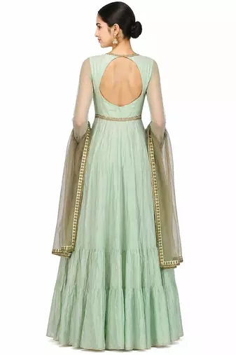 Light green silk thread and beads work anarkali salwar kameez