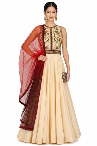 Beige chanderi silk thread and beads work anarkali salwar kameez