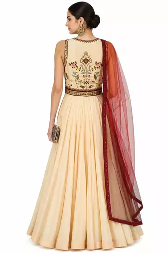 Beige chanderi silk thread and beads work anarkali salwar kameez