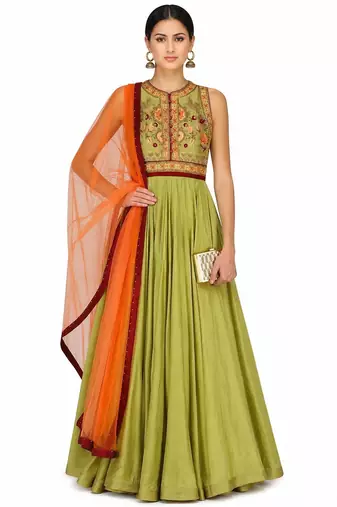 Green dupion silk thread and beads work anarkali salwar kameez
