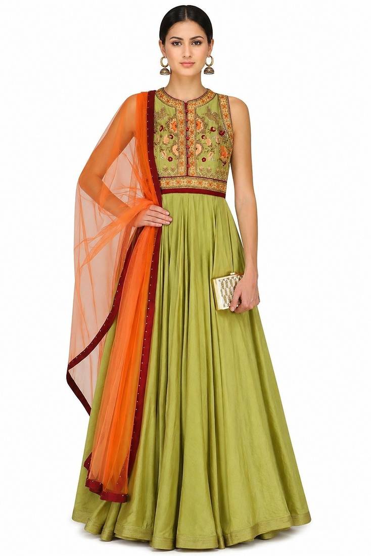 Green dupion silk thread and beads work anarkali salwar kameez