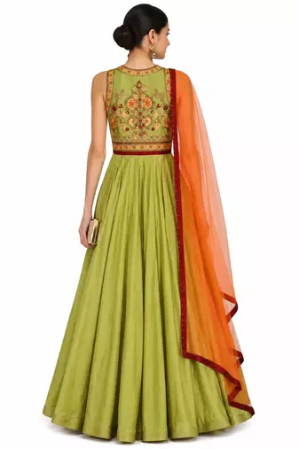 Green dupion silk thread and beads work anarkali salwar kameez