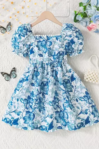 Blue floral puff sleeve fit & flare dress white & blue pearl neckline soft cotton blend square neck, puff sleeves