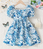 Blue floral puff sleeve fit & flare dress white & blue pearl neckline soft cotton blend square neck, puff sleeves