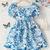 Blue floral puff sleeve fit & flare dress white & blue pearl neckline soft cotton blend square neck, puff sleeves