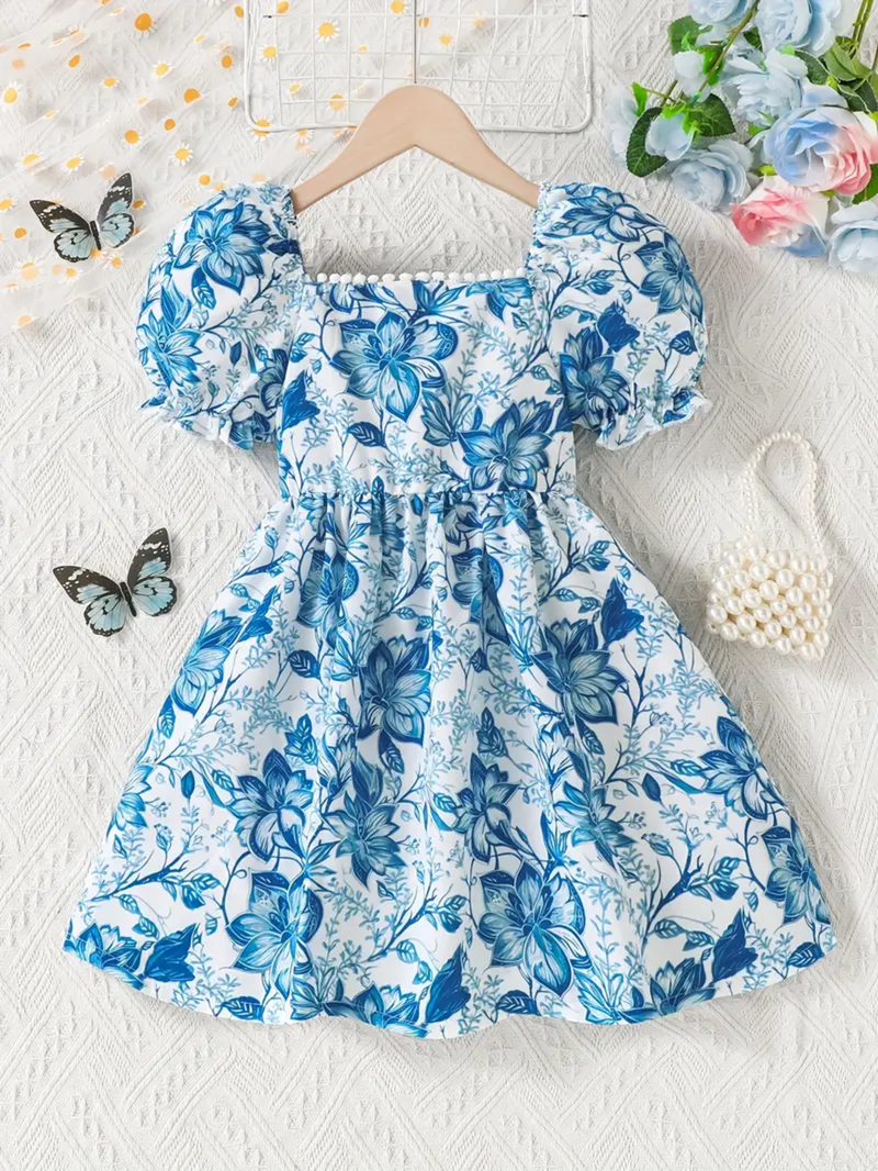 Blue floral puff sleeve fit & flare dress white & blue pearl neckline soft cotton blend square neck, puff sleeves