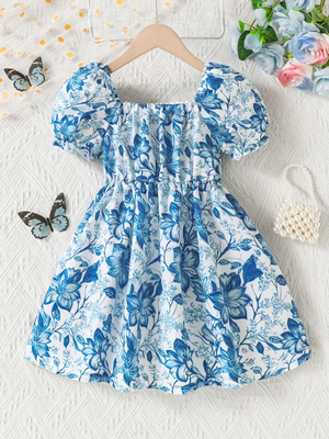 Blue floral puff sleeve fit & flare dress white & blue pearl neckline soft cotton blend square neck, puff sleeves 2