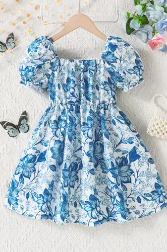 Blue floral puff sleeve fit & flare dress white & blue pearl neckline soft cotton blend square neck, puff sleeves
