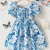 Blue floral puff sleeve fit & flare dress white & blue pearl neckline soft cotton blend square neck, puff sleeves