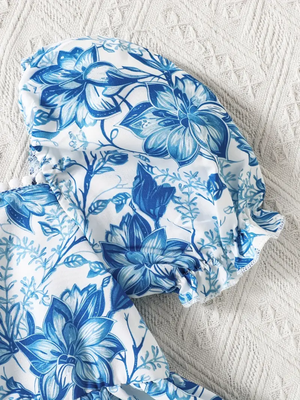 Blue floral puff sleeve fit & flare dress white & blue pearl neckline soft cotton blend square neck, puff sleeves 3