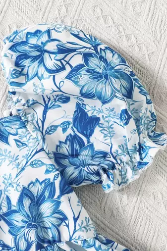 Blue floral puff sleeve fit & flare dress white & blue pearl neckline soft cotton blend square neck, puff sleeves