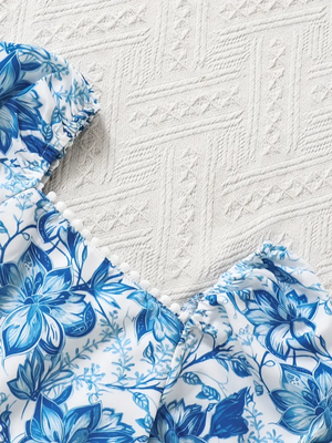 Blue floral puff sleeve fit & flare dress white & blue pearl neckline soft cotton blend square neck, puff sleeves 4
