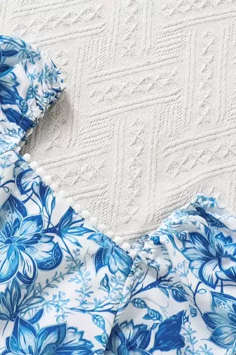 Blue floral puff sleeve fit & flare dress white & blue pearl neckline soft cotton blend square neck, puff sleeves
