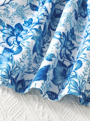 Blue floral puff sleeve fit & flare dress white & blue pearl neckline soft cotton blend square neck, puff sleeves 5