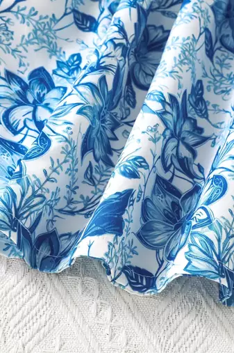 Blue floral puff sleeve fit & flare dress white & blue pearl neckline soft cotton blend square neck, puff sleeves