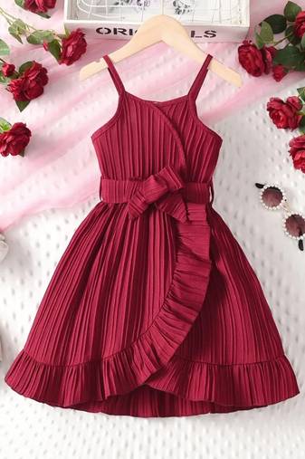 Wine red pleated ruffle bow party dress