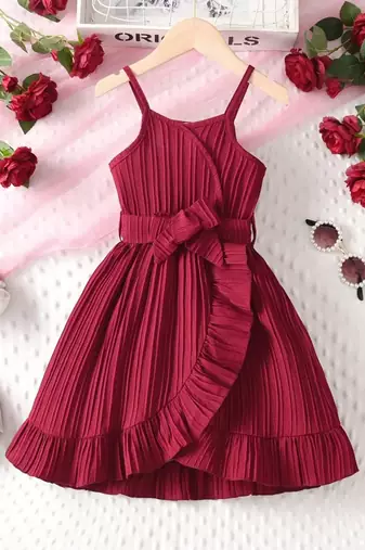 Wine red pleated ruffle bow party dress