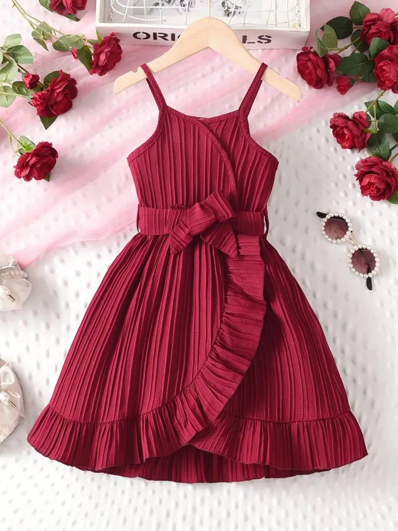 Wine red pleated ruffle bow party dress