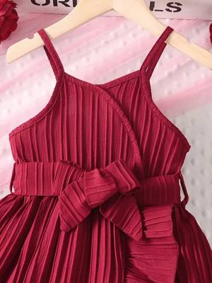 Wine red pleated ruffle bow party dress 3