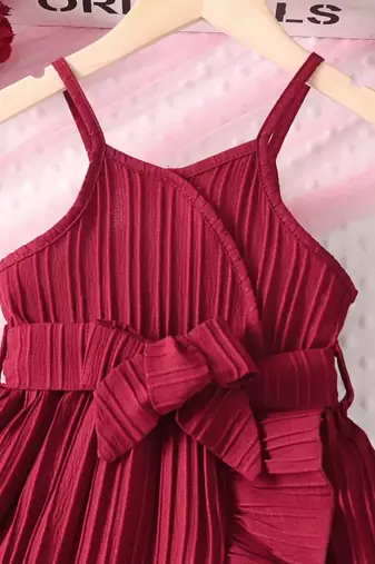 Wine red pleated ruffle bow party dress