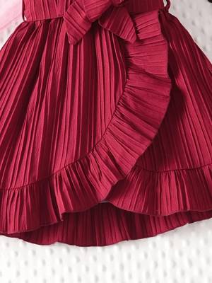 Wine red pleated ruffle bow party dress 4