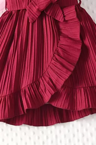 Wine red pleated ruffle bow party dress