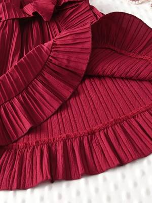 Wine red pleated ruffle bow party dress 5